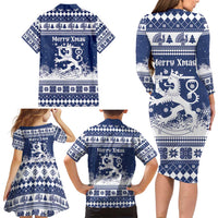 Finland Christmas Hannunvaakuna Family Matching Long Sleeve Bodycon Dress and Hawaiian Shirt Hyvaa Joulua Nordic Snow Lion Blue Version - Wonder Print Shop