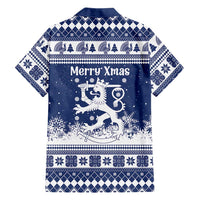 Finland Christmas Hannunvaakuna Family Matching Long Sleeve Bodycon Dress and Hawaiian Shirt Hyvaa Joulua Nordic Snow Lion Blue Version - Wonder Print Shop