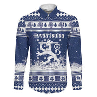 Finland Christmas Hannunvaakuna Family Matching Long Sleeve Bodycon Dress and Hawaiian Shirt Hyvaa Joulua Nordic Snow Lion Blue Version - Wonder Print Shop