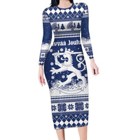 Finland Christmas Hannunvaakuna Family Matching Long Sleeve Bodycon Dress and Hawaiian Shirt Hyvaa Joulua Nordic Snow Lion Blue Version - Wonder Print Shop