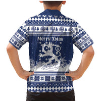 Finland Christmas Hannunvaakuna Family Matching Mermaid Dress and Hawaiian Shirt Hyvaa Joulua Nordic Snow Lion Blue Version - Wonder Print Shop