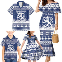 Finland Christmas Hannunvaakuna Family Matching Mermaid Dress and Hawaiian Shirt Hyvaa Joulua Nordic Snow Lion Blue Version - Wonder Print Shop