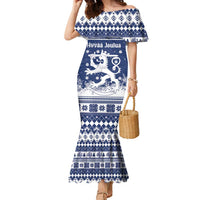 Finland Christmas Hannunvaakuna Family Matching Mermaid Dress and Hawaiian Shirt Hyvaa Joulua Nordic Snow Lion Blue Version - Wonder Print Shop