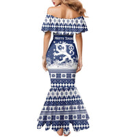 Finland Christmas Hannunvaakuna Family Matching Mermaid Dress and Hawaiian Shirt Hyvaa Joulua Nordic Snow Lion Blue Version - Wonder Print Shop