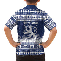 Finland Christmas Hannunvaakuna Family Matching Off The Shoulder Long Sleeve Dress and Hawaiian Shirt Hyvaa Joulua Nordic Snow Lion Blue Version - Wonder Print Shop