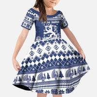 Finland Christmas Hannunvaakuna Family Matching Off The Shoulder Long Sleeve Dress and Hawaiian Shirt Hyvaa Joulua Nordic Snow Lion Blue Version - Wonder Print Shop