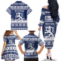 Finland Christmas Hannunvaakuna Family Matching Off The Shoulder Long Sleeve Dress and Hawaiian Shirt Hyvaa Joulua Nordic Snow Lion Blue Version - Wonder Print Shop