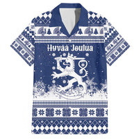 Finland Christmas Hannunvaakuna Family Matching Off The Shoulder Long Sleeve Dress and Hawaiian Shirt Hyvaa Joulua Nordic Snow Lion Blue Version - Wonder Print Shop