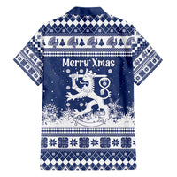 Finland Christmas Hannunvaakuna Family Matching Off The Shoulder Long Sleeve Dress and Hawaiian Shirt Hyvaa Joulua Nordic Snow Lion Blue Version - Wonder Print Shop