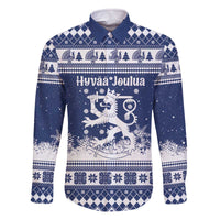 Finland Christmas Hannunvaakuna Family Matching Off The Shoulder Long Sleeve Dress and Hawaiian Shirt Hyvaa Joulua Nordic Snow Lion Blue Version - Wonder Print Shop