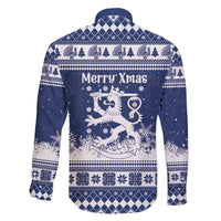 Finland Christmas Hannunvaakuna Family Matching Off The Shoulder Long Sleeve Dress and Hawaiian Shirt Hyvaa Joulua Nordic Snow Lion Blue Version - Wonder Print Shop