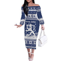 Finland Christmas Hannunvaakuna Family Matching Off The Shoulder Long Sleeve Dress and Hawaiian Shirt Hyvaa Joulua Nordic Snow Lion Blue Version - Wonder Print Shop