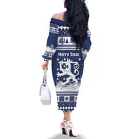 Finland Christmas Hannunvaakuna Family Matching Off The Shoulder Long Sleeve Dress and Hawaiian Shirt Hyvaa Joulua Nordic Snow Lion Blue Version - Wonder Print Shop
