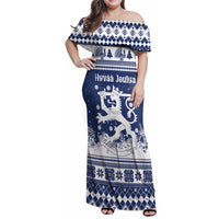 Finland Christmas Hannunvaakuna Family Matching Off Shoulder Maxi Dress and Hawaiian Shirt Hyvaa Joulua Nordic Snow Lion Blue Version - Wonder Print Shop