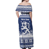 Finland Christmas Hannunvaakuna Family Matching Off Shoulder Maxi Dress and Hawaiian Shirt Hyvaa Joulua Nordic Snow Lion Blue Version - Wonder Print Shop
