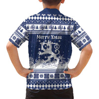 Finland Christmas Hannunvaakuna Family Matching Off Shoulder Short Dress and Hawaiian Shirt Hyvaa Joulua Nordic Snow Lion Blue Version - Wonder Print Shop