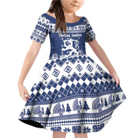 Finland Christmas Hannunvaakuna Family Matching Off Shoulder Short Dress and Hawaiian Shirt Hyvaa Joulua Nordic Snow Lion Blue Version - Wonder Print Shop
