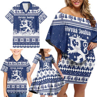 Finland Christmas Hannunvaakuna Family Matching Off Shoulder Short Dress and Hawaiian Shirt Hyvaa Joulua Nordic Snow Lion Blue Version - Wonder Print Shop