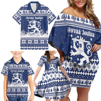 Finland Christmas Hannunvaakuna Family Matching Off Shoulder Short Dress and Hawaiian Shirt Hyvaa Joulua Nordic Snow Lion Blue Version - Wonder Print Shop