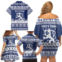 Finland Christmas Hannunvaakuna Family Matching Off Shoulder Short Dress and Hawaiian Shirt Hyvaa Joulua Nordic Snow Lion Blue Version - Wonder Print Shop
