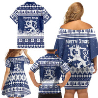 Finland Christmas Hannunvaakuna Family Matching Off Shoulder Short Dress and Hawaiian Shirt Hyvaa Joulua Nordic Snow Lion Blue Version - Wonder Print Shop