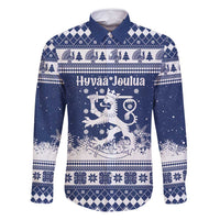 Finland Christmas Hannunvaakuna Family Matching Off Shoulder Short Dress and Hawaiian Shirt Hyvaa Joulua Nordic Snow Lion Blue Version - Wonder Print Shop