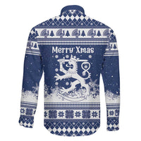 Finland Christmas Hannunvaakuna Family Matching Off Shoulder Short Dress and Hawaiian Shirt Hyvaa Joulua Nordic Snow Lion Blue Version - Wonder Print Shop