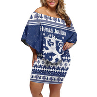 Finland Christmas Hannunvaakuna Family Matching Off Shoulder Short Dress and Hawaiian Shirt Hyvaa Joulua Nordic Snow Lion Blue Version - Wonder Print Shop