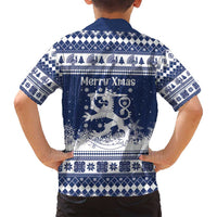 Finland Christmas Hannunvaakuna Family Matching Puletasi and Hawaiian Shirt Hyvaa Joulua Nordic Snow Lion Blue Version - Wonder Print Shop