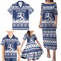 Finland Christmas Hannunvaakuna Family Matching Puletasi and Hawaiian Shirt Hyvaa Joulua Nordic Snow Lion Blue Version - Wonder Print Shop