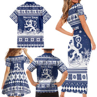 Finland Christmas Hannunvaakuna Family Matching Short Sleeve Bodycon Dress and Hawaiian Shirt Hyvaa Joulua Nordic Snow Lion Blue Version - Wonder Print Shop