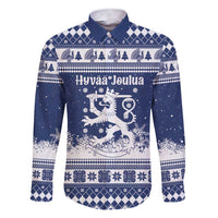Finland Christmas Hannunvaakuna Family Matching Short Sleeve Bodycon Dress and Hawaiian Shirt Hyvaa Joulua Nordic Snow Lion Blue Version - Wonder Print Shop