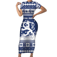 Finland Christmas Hannunvaakuna Family Matching Short Sleeve Bodycon Dress and Hawaiian Shirt Hyvaa Joulua Nordic Snow Lion Blue Version - Wonder Print Shop