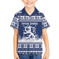 Finland Christmas Hannunvaakuna Family Matching Short Sleeve Bodycon Dress and Hawaiian Shirt Hyvaa Joulua Nordic Snow Lion Blue Version - Wonder Print Shop