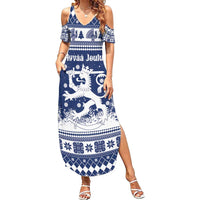 Finland Christmas Hannunvaakuna Family Matching Summer Maxi Dress and Hawaiian Shirt Hyvaa Joulua Nordic Snow Lion Blue Version - Wonder Print Shop