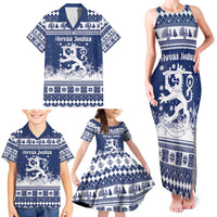 Finland Christmas Hannunvaakuna Family Matching Tank Maxi Dress and Hawaiian Shirt Hyvaa Joulua Nordic Snow Lion Blue Version - Wonder Print Shop