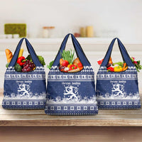 Finland Christmas Hannunvaakuna Grocery Bag Hyvaa Joulua Nordic Snow Lion Blue Version - Wonder Print Shop