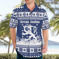 Finland Christmas Hannunvaakuna Hawaiian Shirt Hyvaa Joulua Nordic Snow Lion Blue Version - Wonder Print Shop