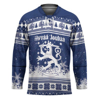 Finland Christmas Hannunvaakuna Hockey Jersey Hyvaa Joulua Nordic Snow Lion Blue Version - Wonder Print Shop