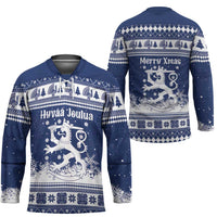 Finland Christmas Hannunvaakuna Hockey Jersey Hyvaa Joulua Nordic Snow Lion Blue Version - Wonder Print Shop