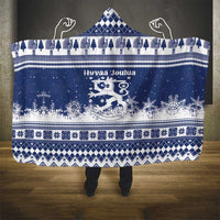 Finland Christmas Hannunvaakuna Hooded Blanket Hyvaa Joulua Nordic Snow Lion Blue Version - Wonder Print Shop