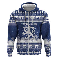 Finland Christmas Hannunvaakuna Hoodie Hyvaa Joulua Nordic Snow Lion Blue Version - Wonder Print Shop