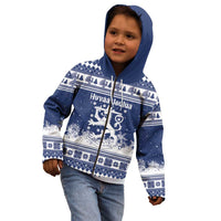 Finland Christmas Hannunvaakuna Kid Hoodie Hyvaa Joulua Nordic Snow Lion Blue Version - Wonder Print Shop