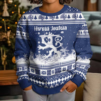 Finland Christmas Hannunvaakuna Kid Ugly Christmas Sweater Hyvaa Joulua Nordic Snow Lion Blue Version - Wonder Print Shop