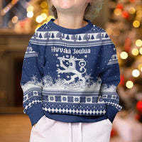 Finland Christmas Hannunvaakuna Kid Ugly Christmas Sweater Hyvaa Joulua Nordic Snow Lion Blue Version - Wonder Print Shop