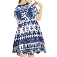 Finland Christmas Hannunvaakuna Kid Short Sleeve Dress Hyvaa Joulua Nordic Snow Lion Blue Version - Wonder Print Shop