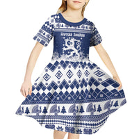 Finland Christmas Hannunvaakuna Kid Short Sleeve Dress Hyvaa Joulua Nordic Snow Lion Blue Version - Wonder Print Shop