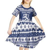 Finland Christmas Hannunvaakuna Kid Short Sleeve Dress Hyvaa Joulua Nordic Snow Lion Blue Version - Wonder Print Shop