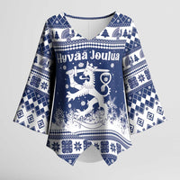 Finland Christmas Hannunvaakuna Kimono Sleeve Blouse Hyvaa Joulua Nordic Snow Lion Blue Version - Wonder Print Shop