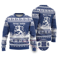 Finland Christmas Hannunvaakuna Ugly Christmas Sweater Hyvaa Joulua Nordic Snow Lion Blue Version - Wonder Print Shop
